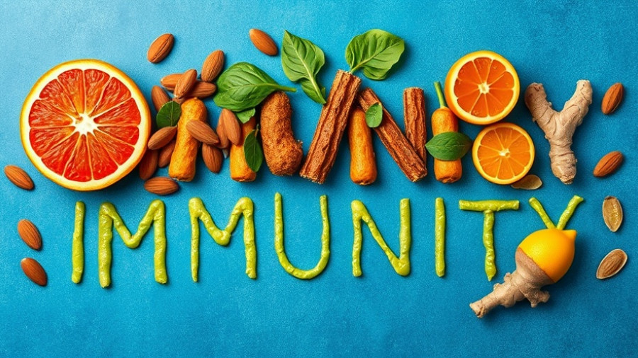 Creative arrangement of immune system boosters with healthy foods.