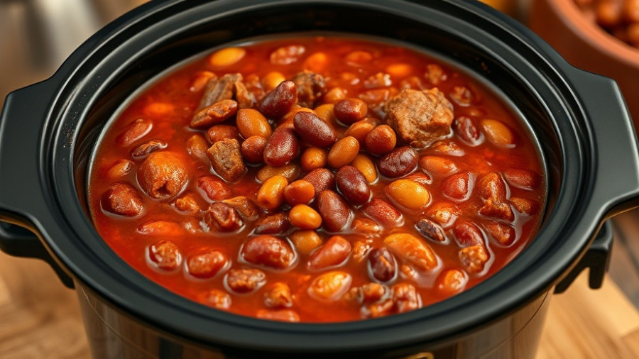 Classic slow cooker chili with beans and meat in a black cooker.