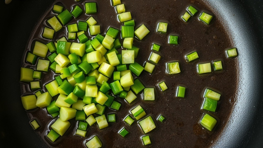 Chopped green vegetables cooking in a pan with oil