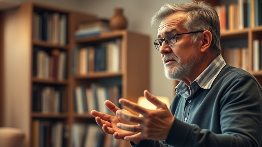 Middle-aged man discussing with dynamic hand gestures, cozy interior setting.