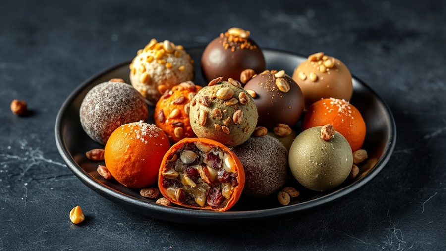 Pumpkin N ‘Spice Fit Bite Truffles in a detailed, colorful arrangement on a dark plate.