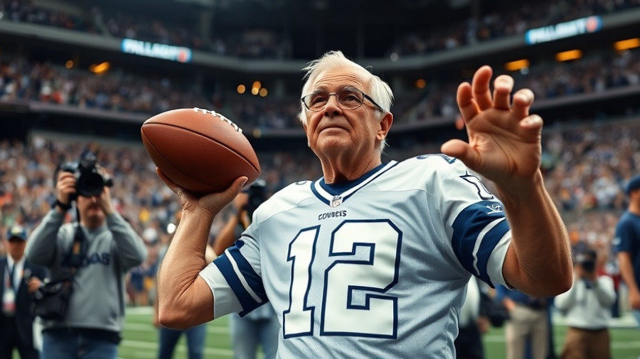 Older man in Dallas Cowboys jersey number 12 holding football, stadium scene.