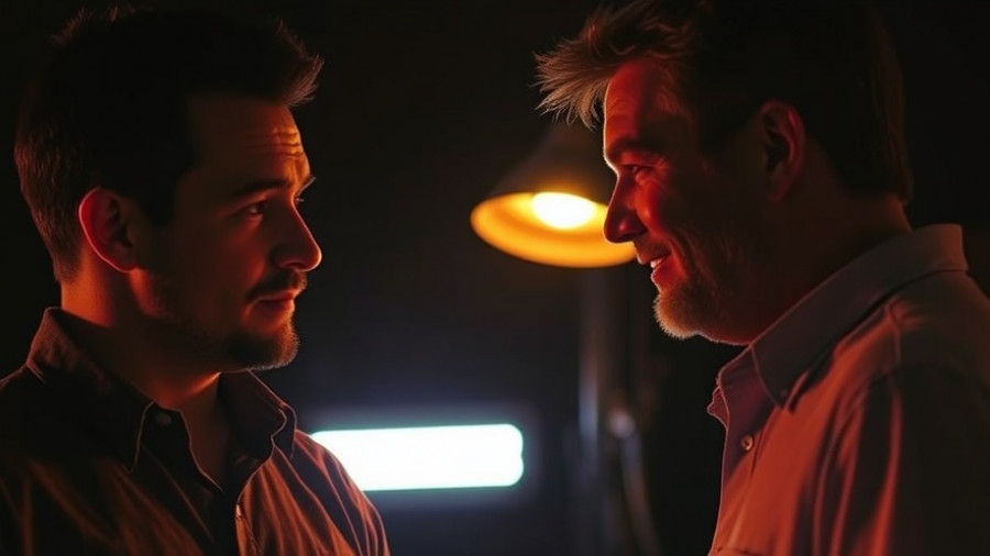 Infrared light benefits discussed by two men in cinematic photo.