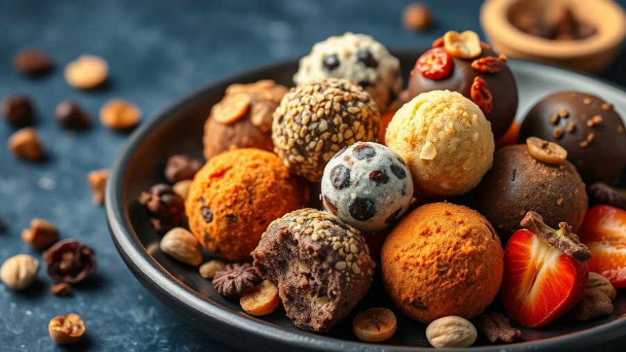 Colorful Pumpkin N 'Spice Fit Bite Truffles on a dark plate.