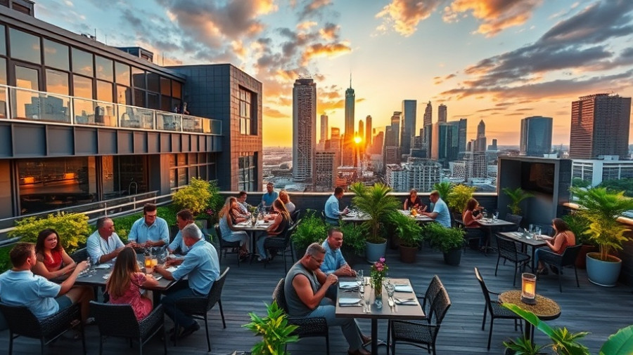 Diverse scenes of Houston rooftop restaurants with city views.