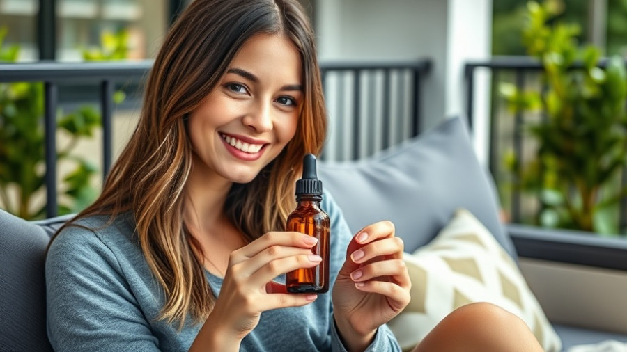 Essential oils lower cortisol; woman smiling while holding oil dropper.