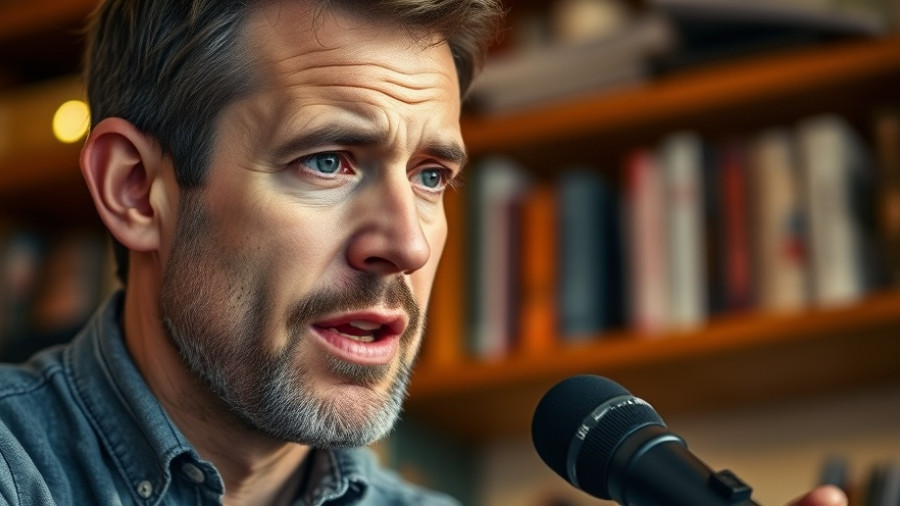 Man speaking into microphone on podcast, warm wooden background.