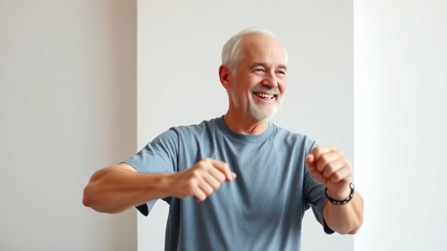Elderly man exercising for mental wellness for seniors, warm indoor setting.