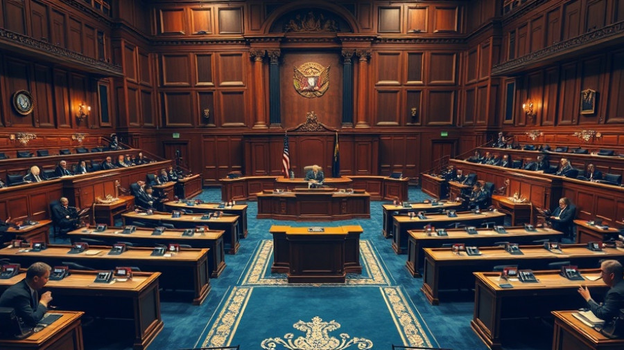 Government assembly chamber during shutdown, officials seated.