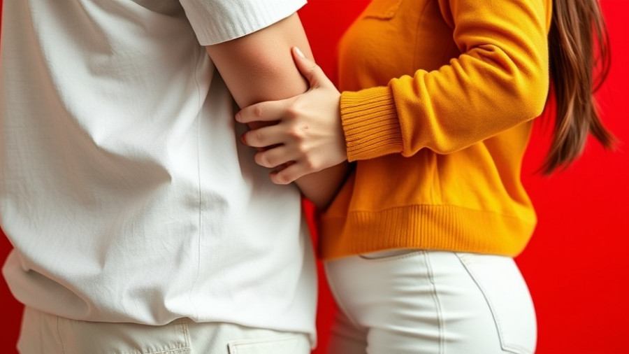 Two people embrace with hands interlinked, casual clothing, red backdrop.