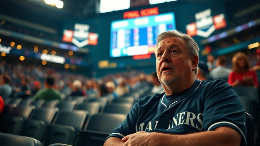 Mariners fan surprised at game 7 news, stadium background.