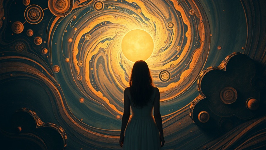 Woman in orange dress standing in swirling abstract space, symbolizing coping with infertility.
