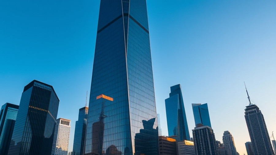Modern skyscraper near The Pearl banner in skyline, Advocate Health innovation center.