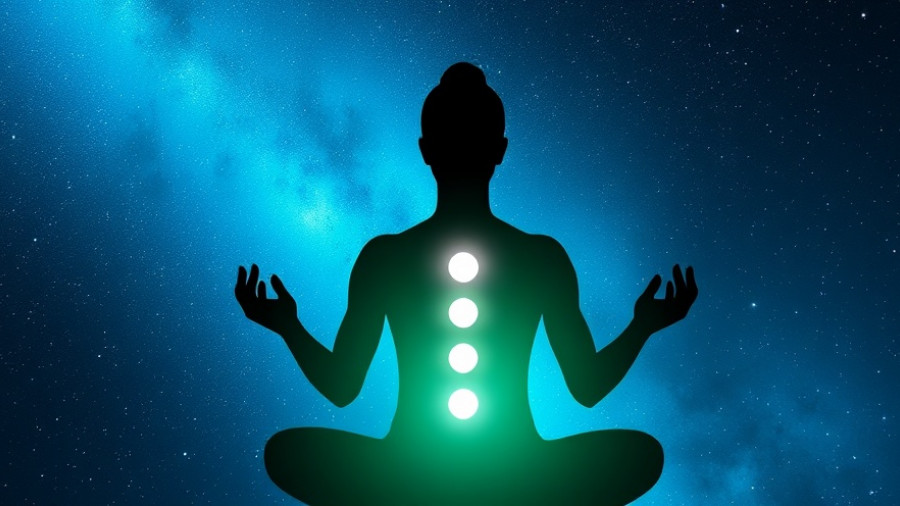 Transcendent meditating silhouette aligning chakras in cosmic starry sky.
