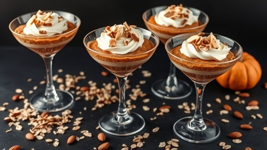 Chai Pumpkin Pie Parfaits in martini glasses with almonds.