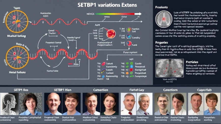 Genetic diagram with photos related to SETBP1 variants and neurodevelopmental disorders.