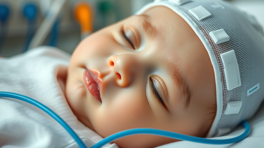 Infant with EEG cap in clinical setting related to brain patterns.