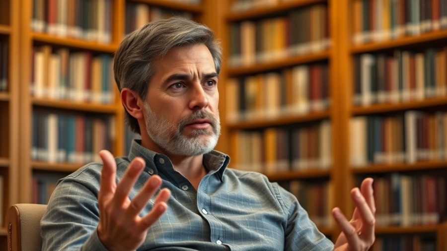 Man discussing honey adulteration health impact in library setting.