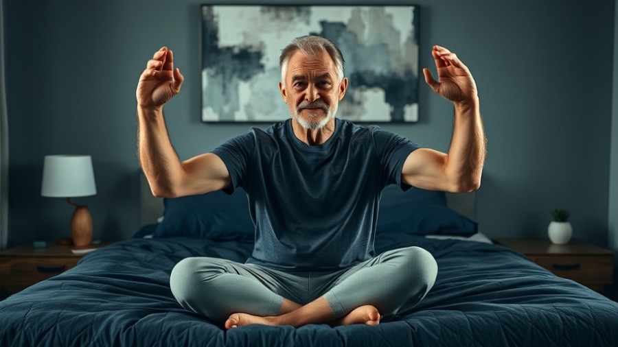 Middle-aged man demonstrating back exercise on bed