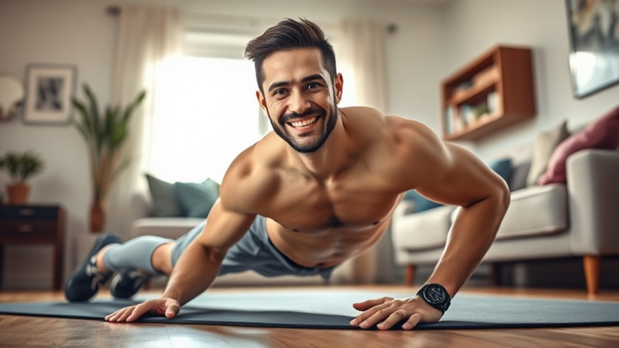 Smiling man planking at home, showcasing functional movement and health.