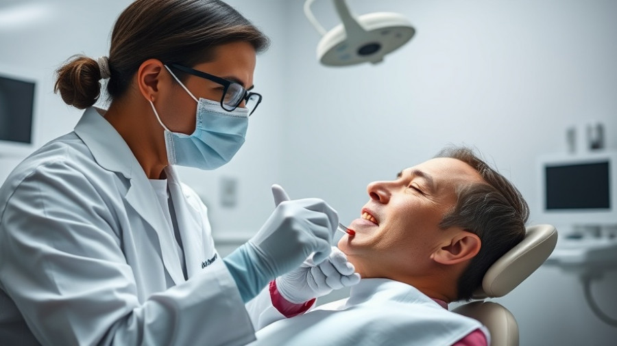 Dentist examining patient's teeth in clinical setting, highlighting health connection.