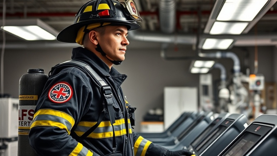 Firefighter exercising on treadmill in lab, studying cold climate impact.