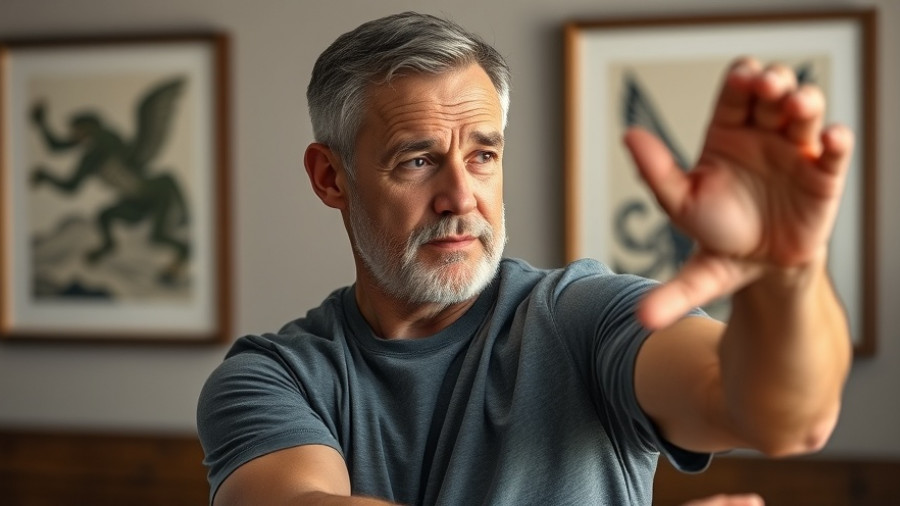 Middle-aged man shows arm exercise to tone flabby arms indoors.