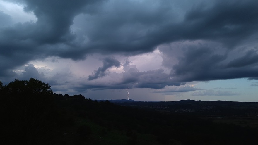 Stormy skies over San Antonio, highlighting flood watch and rain forecast.