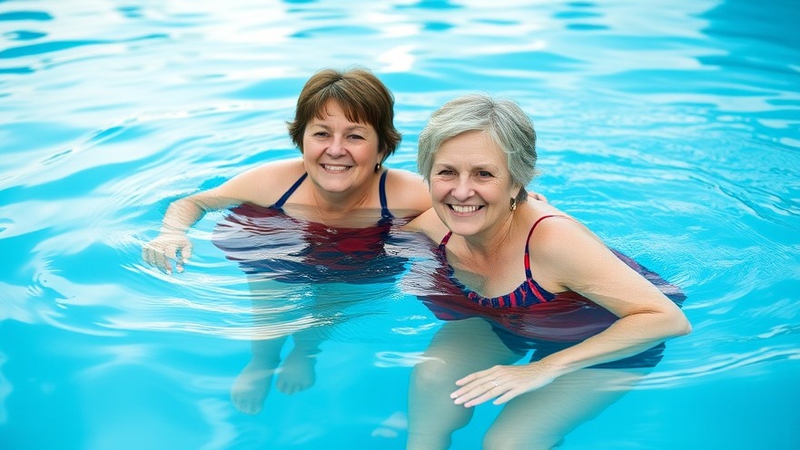 Two middle-aged women swimming in a pool, embodying healthy lifestyle habits for wellness.