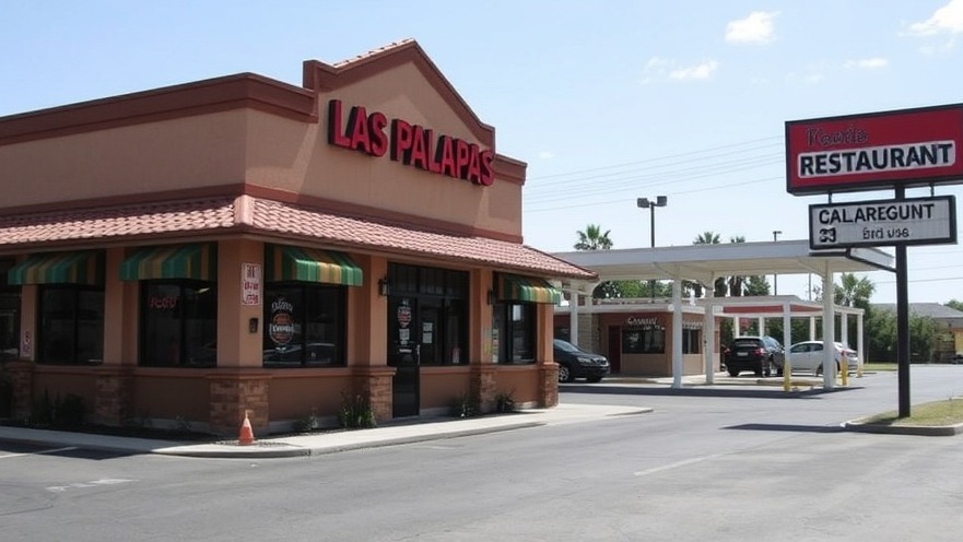Las Palapas restaurant drive-through in San Antonio, featuring community news updates.