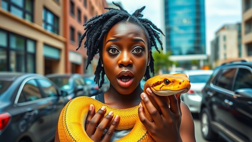 Young black woman in urban setting, surprised by large yellow snake, capturing March Madness emotional highs.