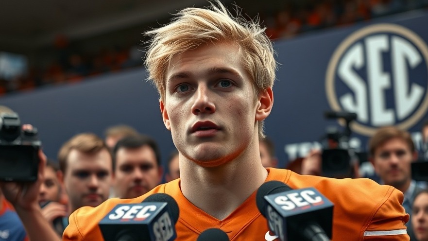 Young Texas Longhorns football player at press conference, confident amidst reporters.