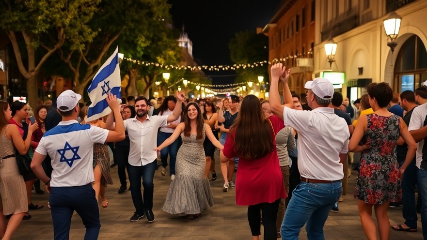 Israelis joyfully dancing in the street, celebrating the Abraham Accords impact on Middle East peace.