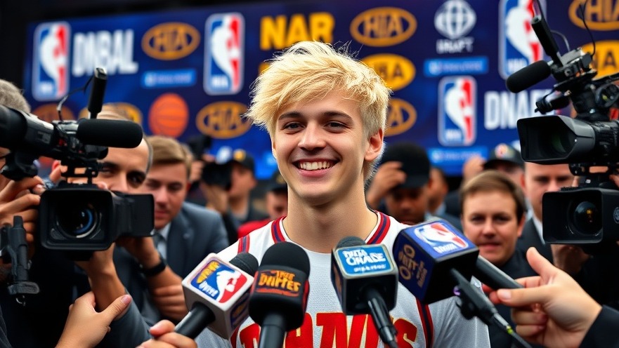 Young draftee Cooper Flagg smiles at the NBA Draft press conference, media buzzing.