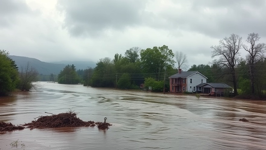 Central Texas flooding shows a flooded river under dramatic skies, emphasizing disaster preparedness.