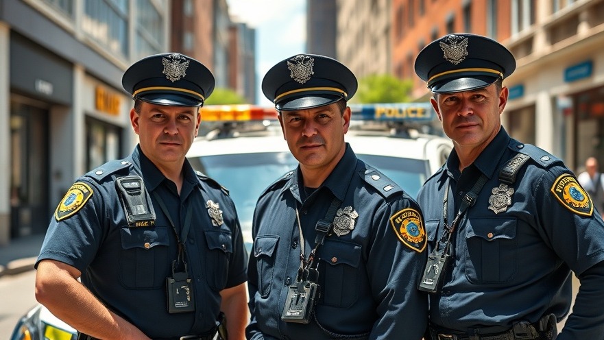 Stern police officers beside a police vehicle, reflecting public safety in Austin.