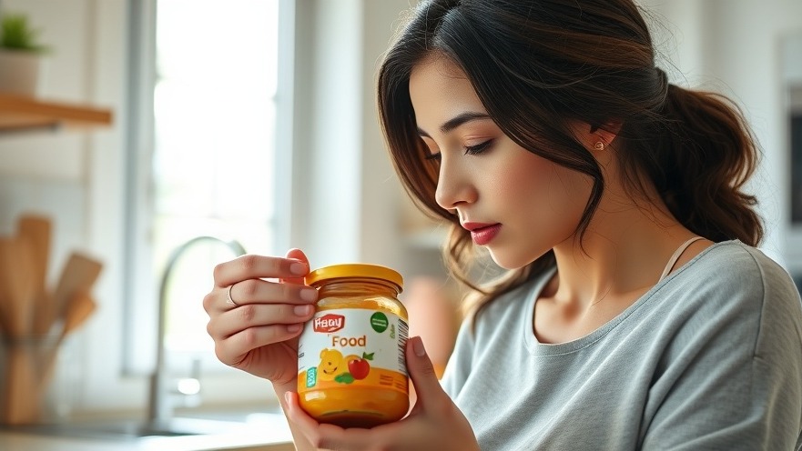 Young mother checks baby food safety label during Gerber investigation.