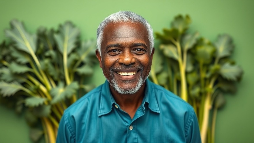 Smiling older man in teal shirt promoting nutrition tips and healthy eating for seniors.