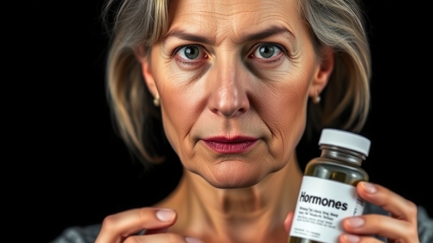 Middle-aged woman holding 'hormones' bottle, representing mental wellness for seniors.