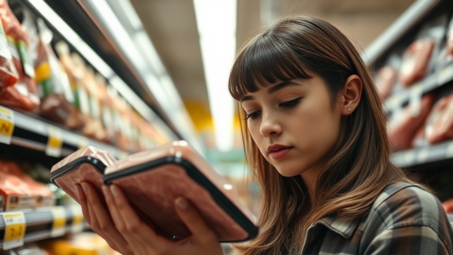 Young woman weighing spending-smart tips while comparing meat packages in a grocery store.