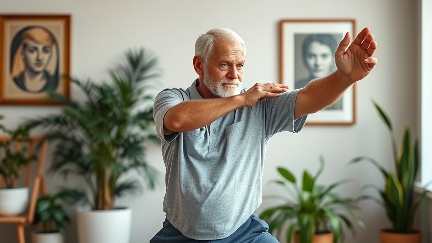 Older man demonstrating mindfulness exercises for seniors in a calm indoor setting.