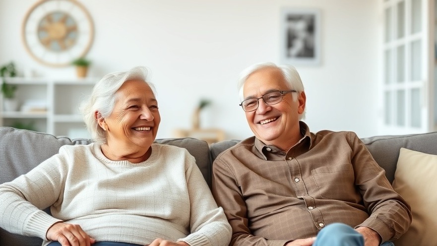 Smiling older couple relaxing together on the couch in their cozy living room