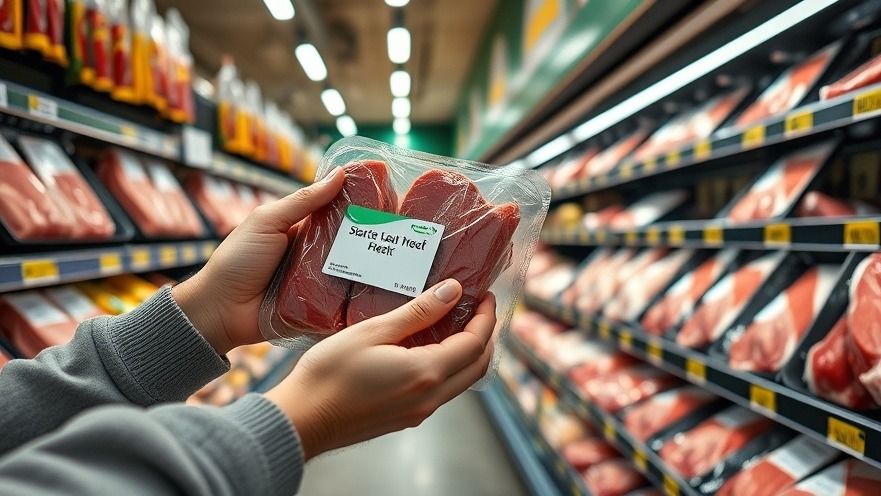 Close-up of hands examining meat at a grocery store, showcasing grocery shopping tricks.