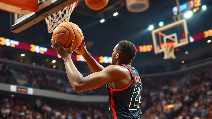 Dynamic college basketball news image of a young player shooting a three-pointer in an energetic arena.