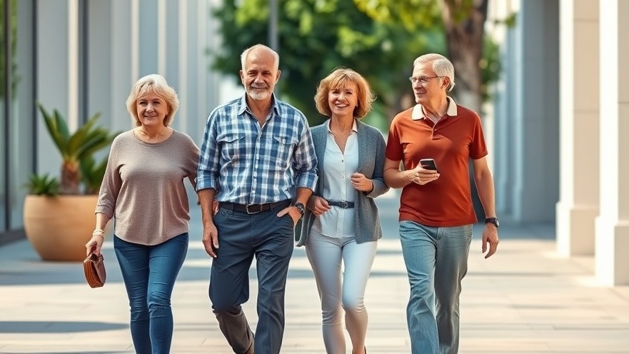 Fit older adults walking casually down the street enjoying their day.