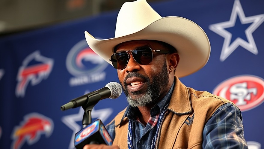 Deion Sanders in cowboy attire promoting bladder cancer awareness at a press conference.