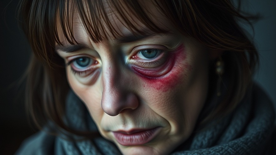Sad middle-aged woman with bruised eye symbolizes need for Bexar County domestic violence funding.