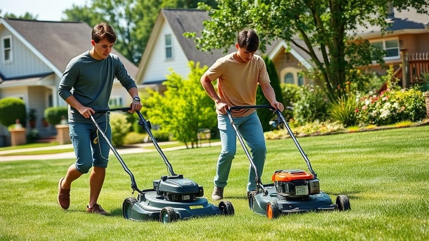 Two male teenagers engaged in community service by mowing a suburban lawn, guided by an adult.