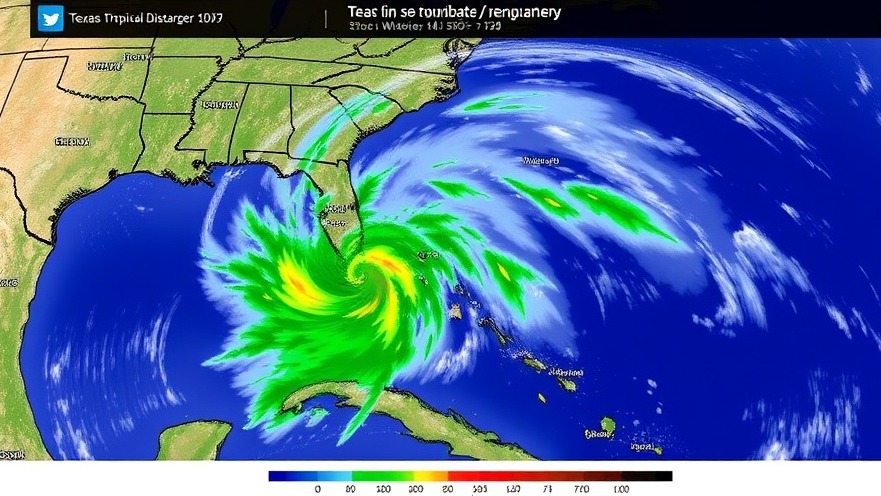 Detailed satellite weather map showing Texas tropical storm, highlighting rainfall effects.
