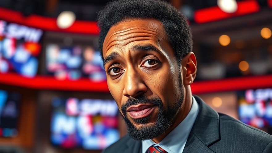 Stephen A. Smith in a vibrant studio, discussing NFL news and Super Bowl 2025.